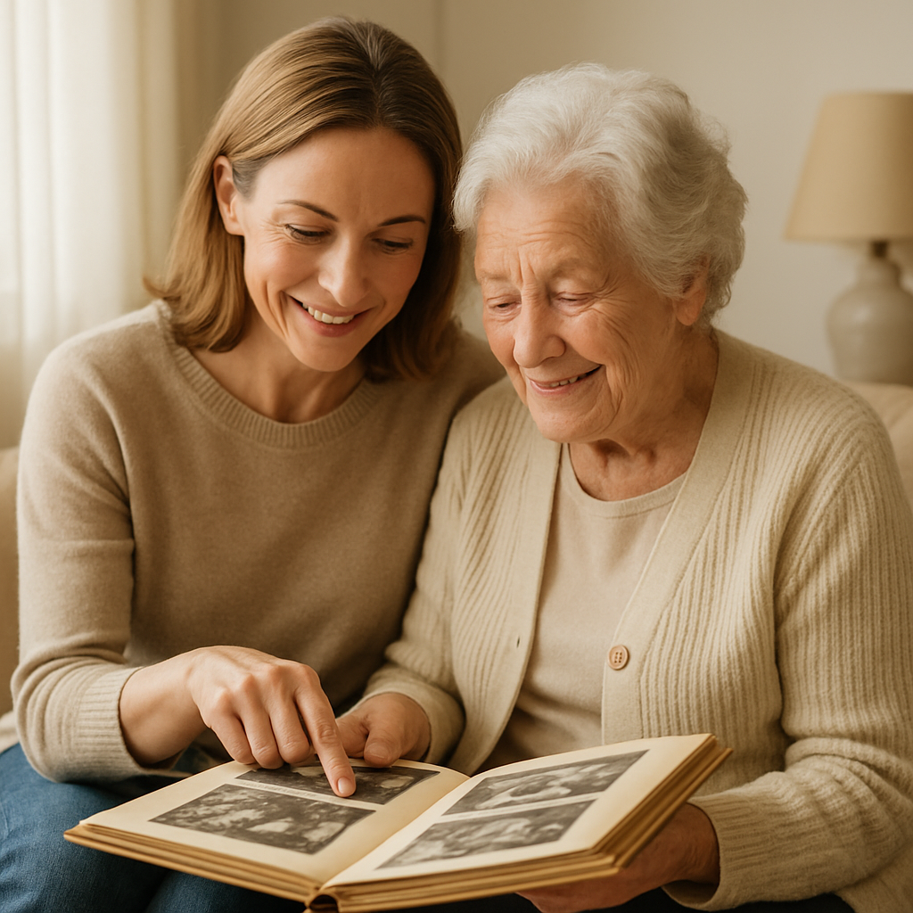 A woman and her elderly mother looking at a restored family photo album together